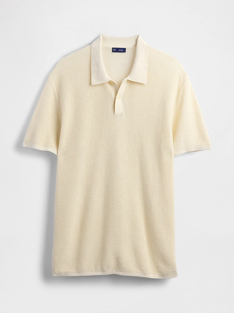 Textured Crochet Polo Shirt Sweater