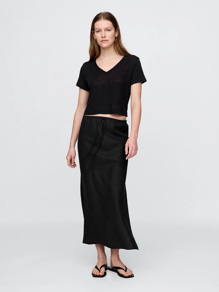 Linen-Blend V-Neck Crop T-Shirt