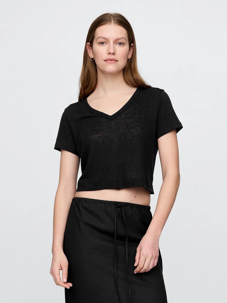Linen-Blend Cropped V-Neck T-Shirt