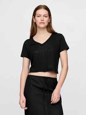 Linen-Blend Cropped V-Neck T-Shirt