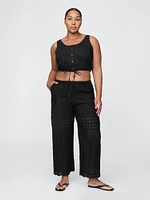 Mid Rise Eyelet Easy Wide-Leg Pants