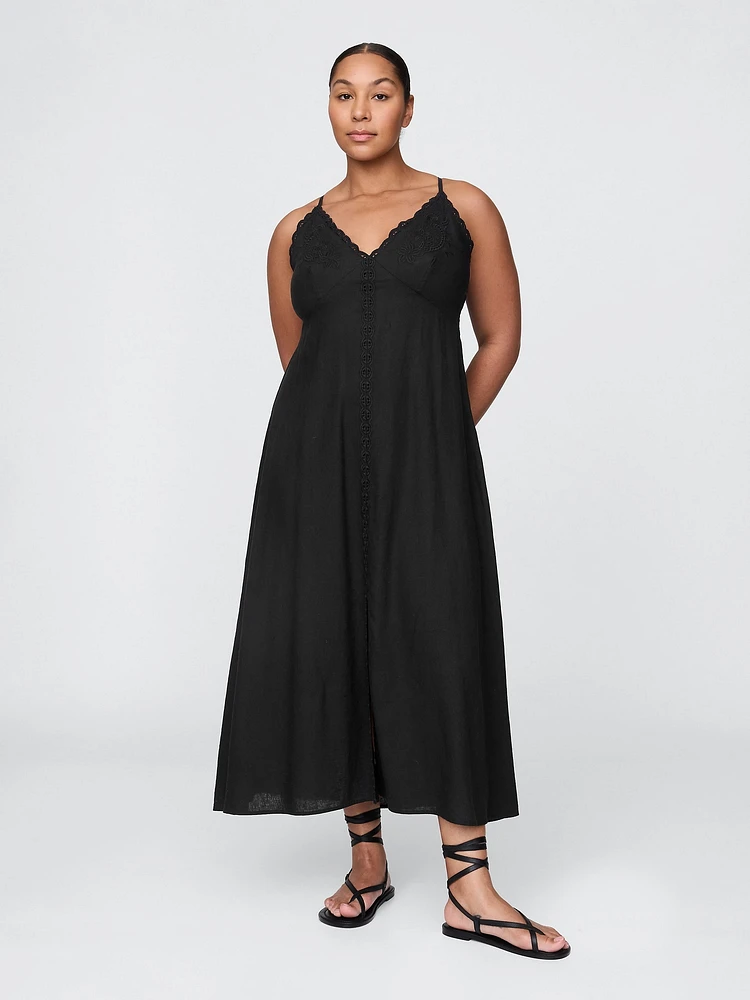 Linen-Blend Embroidered Halter Maxi Dress