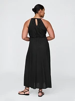 Linen-Blend Embroidered Halter Maxi Dress