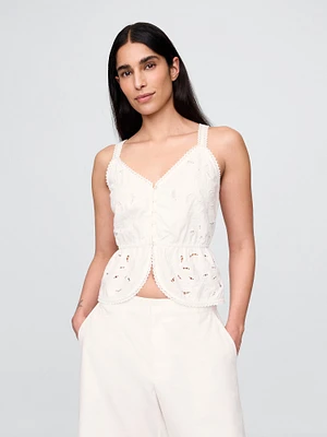Linen-Blend Eyelet Peplum Top