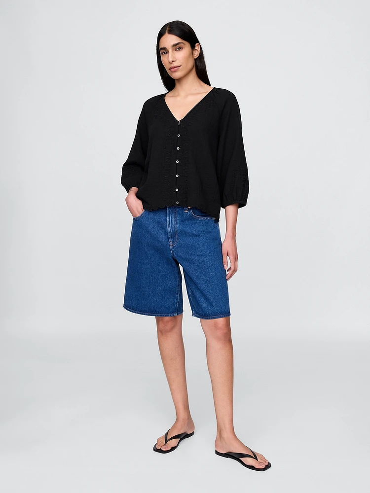 Cotton Gauze Embroidered V-Neck Top