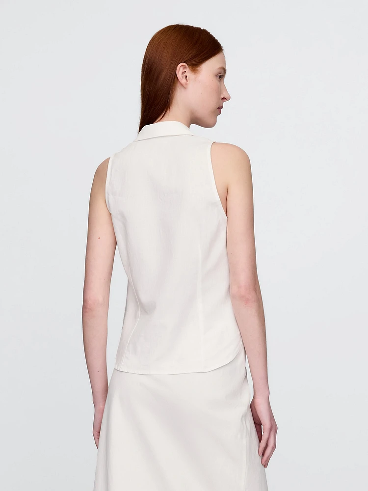 Linen-Blend Sleeveless Button-Front Shirt