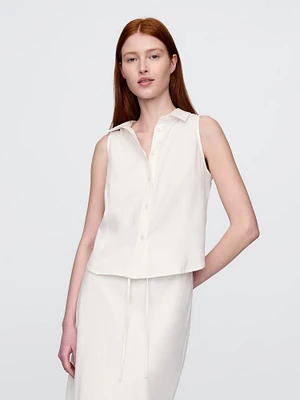 Linen-Blend Sleeveless Button-Front Shirt