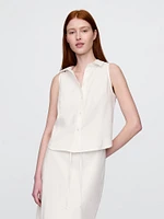 Linen-Blend Sleeveless Button-Front Shirt