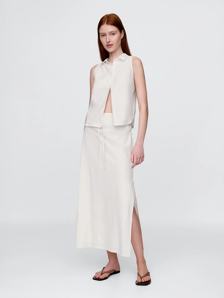 Linen-Blend Sleeveless Button-Front Shirt