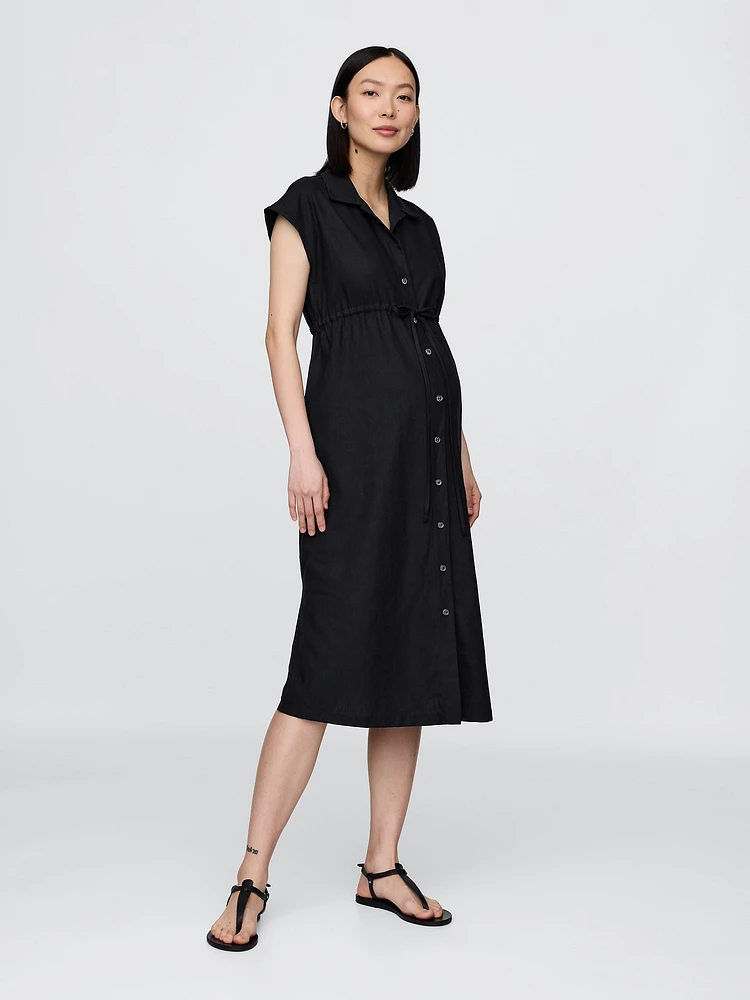 Maternity Linen-Blend Midi Shirtdress