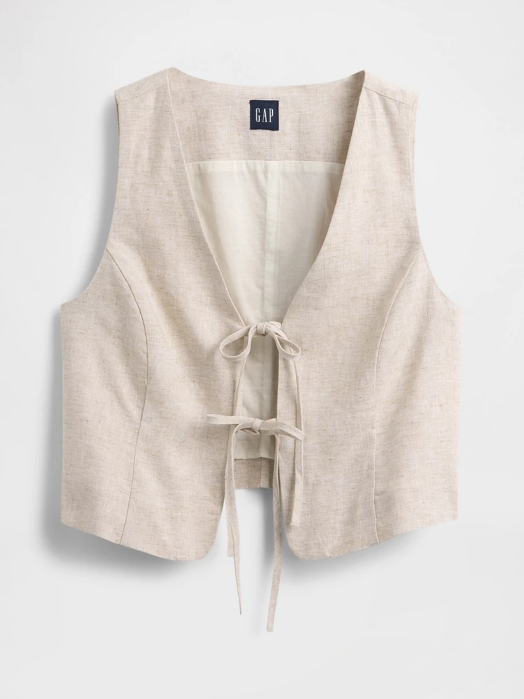 Linen-Blend Tie-Front Crop Vest