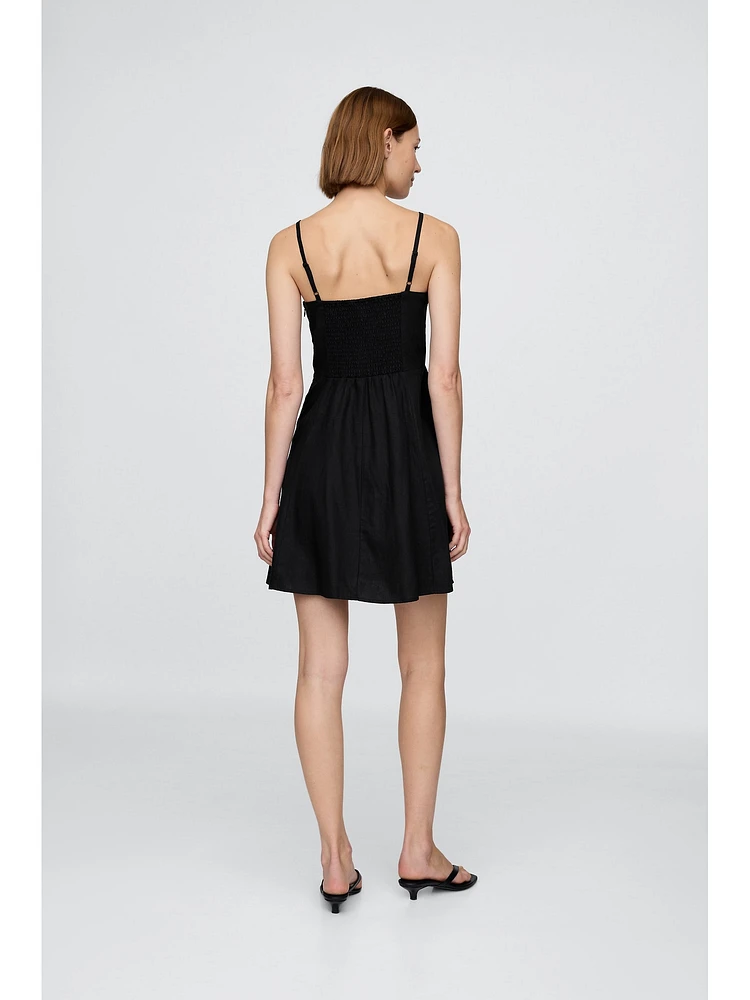 Linen-Blend Shirred Bodice Mini Dress