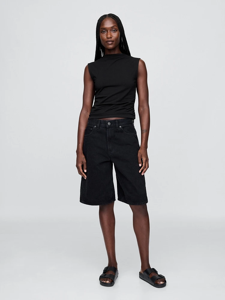 Modern Funnel-Neck Ruched Cropped Tank Top