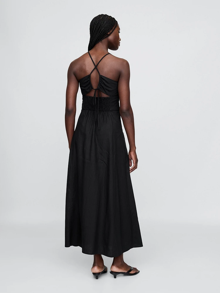 Linen-Blend Shirred Bodice Maxi Dress