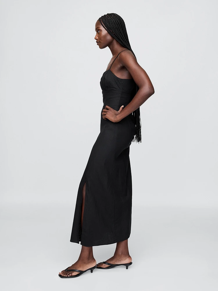Linen-Blend Shirred Bodice Maxi Dress