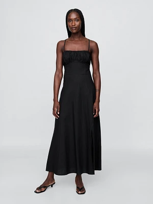Linen-Blend Shirred Bodice Maxi Dress