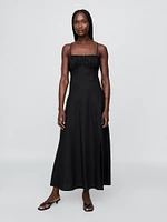 Linen-Blend Shirred Bodice Maxi Dress