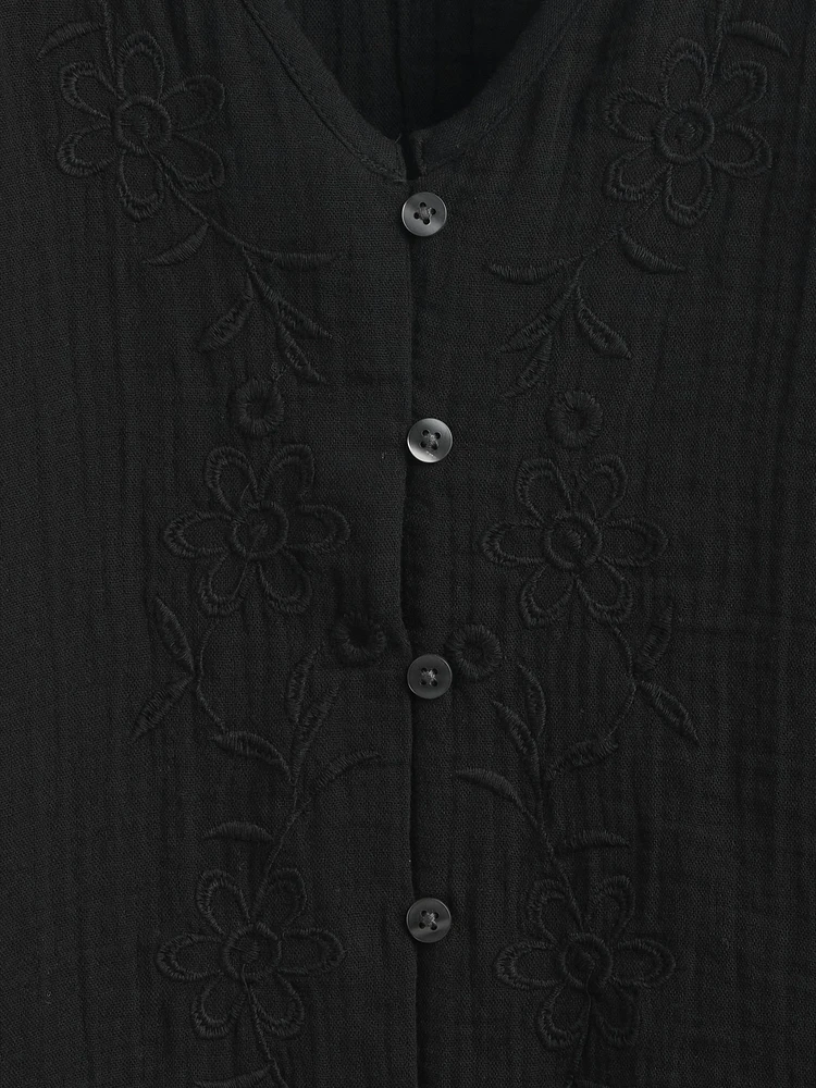 Cotton Gauze Embroidered V-Neck Top