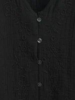 Cotton Gauze Embroidered V-Neck Top