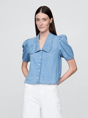 Denim Puff-Sleeve Collared Shirt