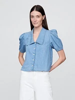 Denim Puff-Sleeve Collared Shirt