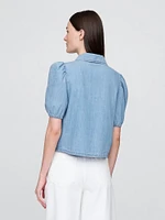 Denim Puff-Sleeve Collared Shirt