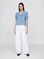 Denim Puff-Sleeve Collared Shirt