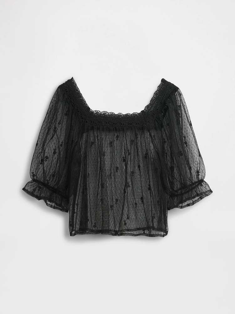 Sheer Tulle Embroidered Top