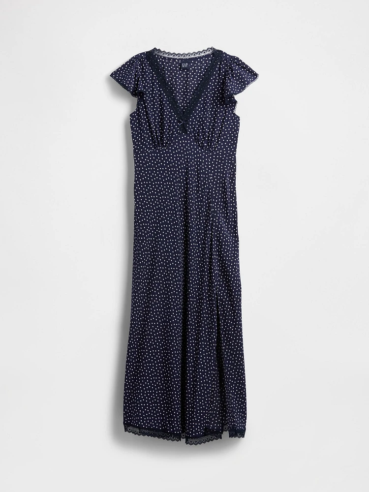 Lace-Trim V-Neck Crepe Maxi Dress