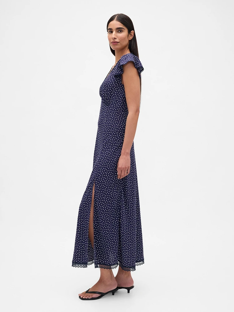 Lace-Trim V-Neck Crepe Maxi Dress