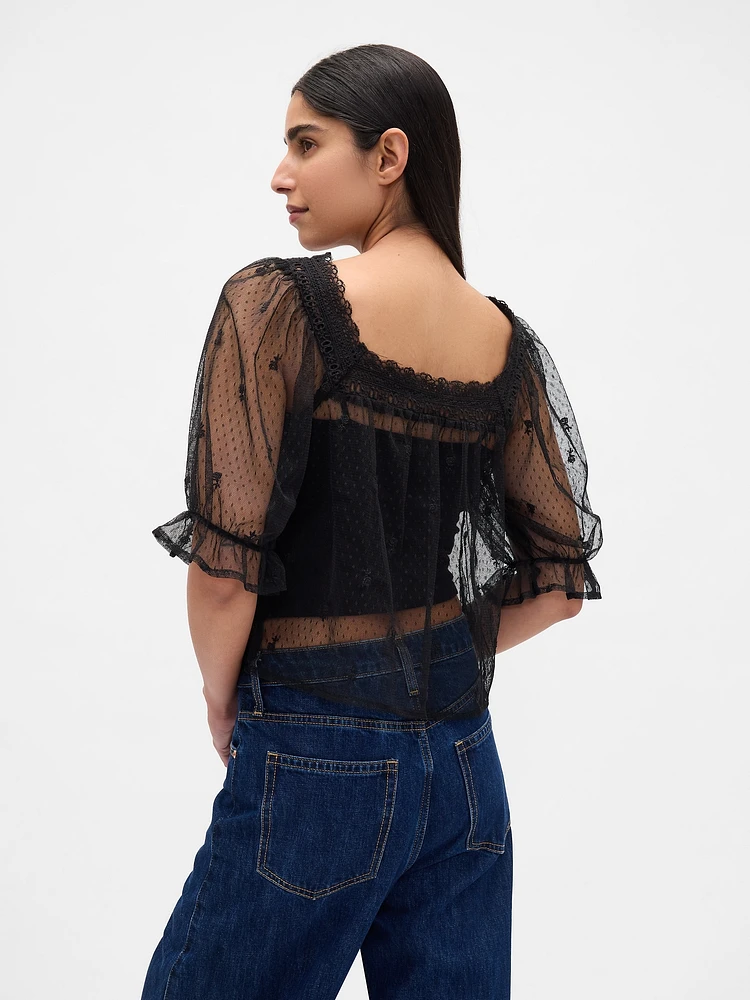 Sheer Tulle Embroidered Top