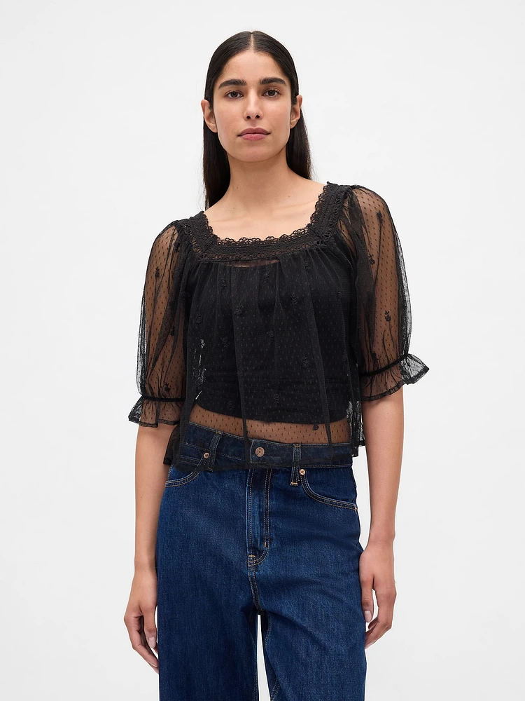 Sheer Tulle Embroidered Top