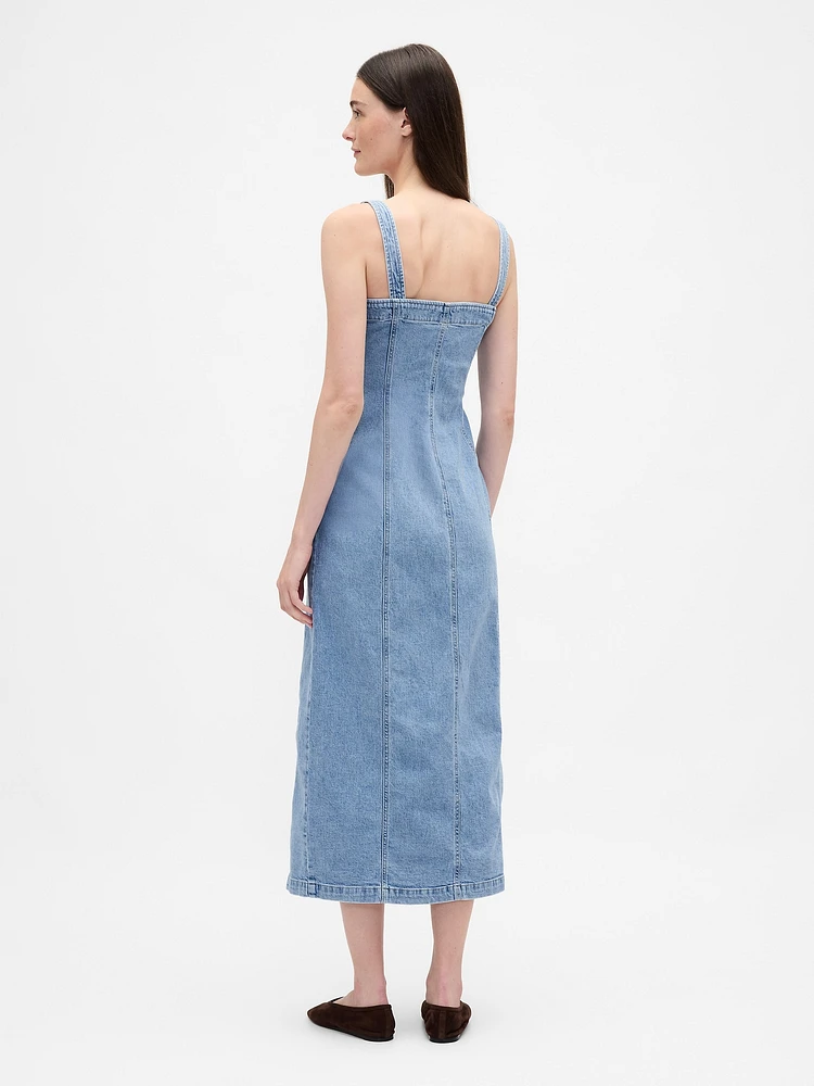 Denim Seamed Button-Front Maxi Dress