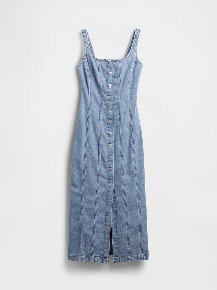 Denim Seamed Button-Front Maxi Dress