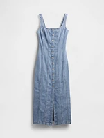 Denim Seamed Button-Front Maxi Dress
