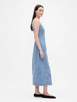 Denim Seamed Button-Front Maxi Dress