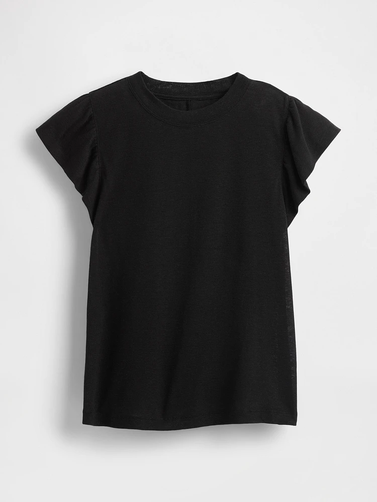 Linen-Blend Flutter-Sleeve T-Shirt