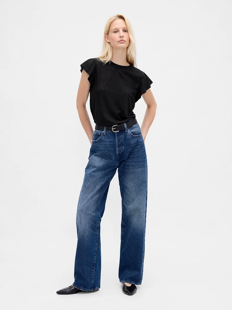 Linen-Blend Flutter-Sleeve T-Shirt