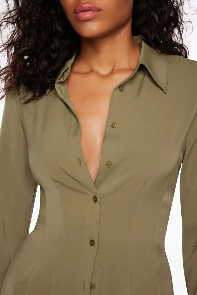 Fitted Satin Button Up Shirt