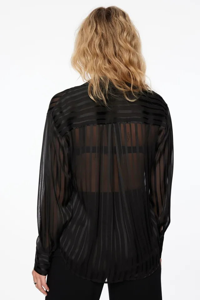 Frida Striped Sheer Button Up Shirt Black