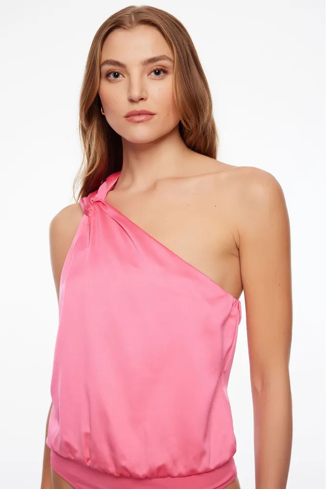 One Shoulder Satin Bodysuit Pink