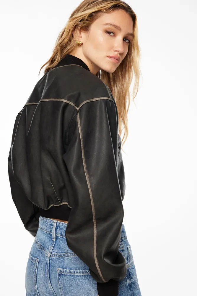 Dynamite Faux Leather Cropped Bomber Jacket