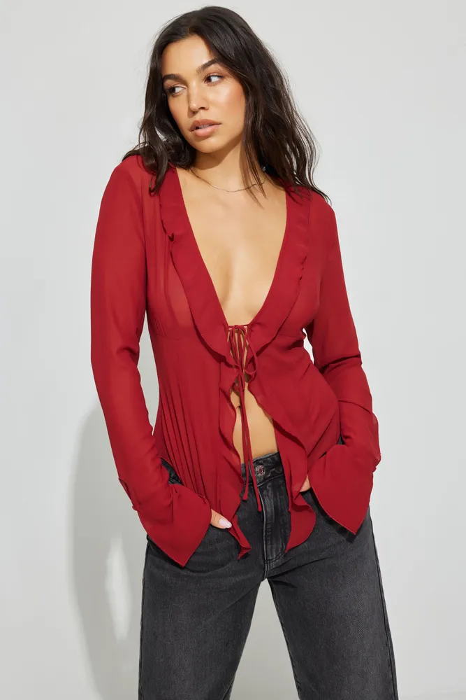 Red Sheer Ruched Tie Long Sleeve Crop Top