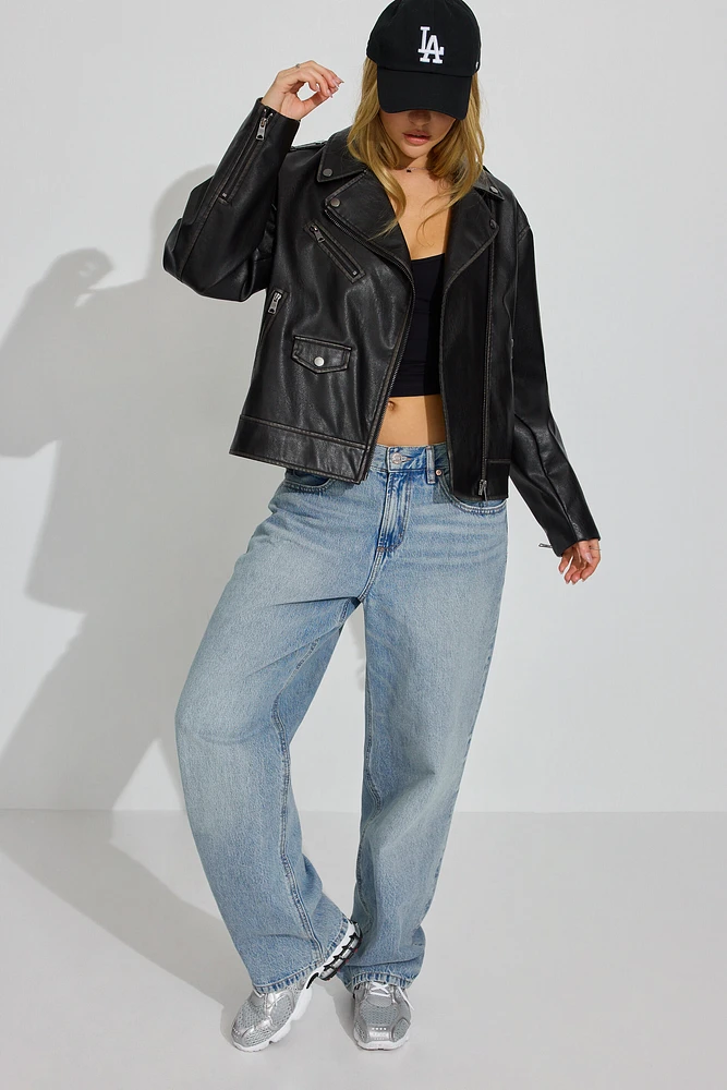 Washed Faux Leather Biker Jacket