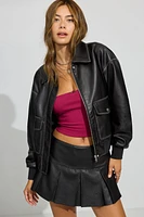 Long Faux Leather Bomber