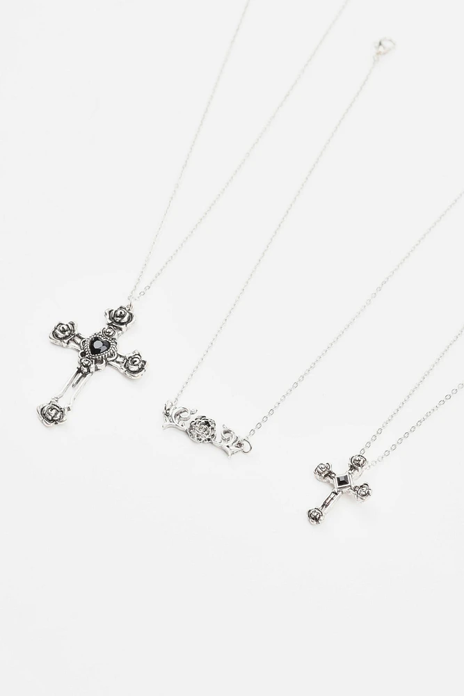 Ensemble de 3 colliers à fleur, croix et rose