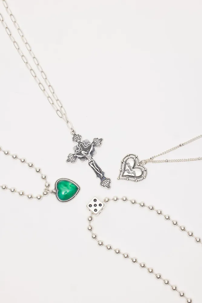 Set of 4 Cross, Dice , Gem & Heart Necklaces