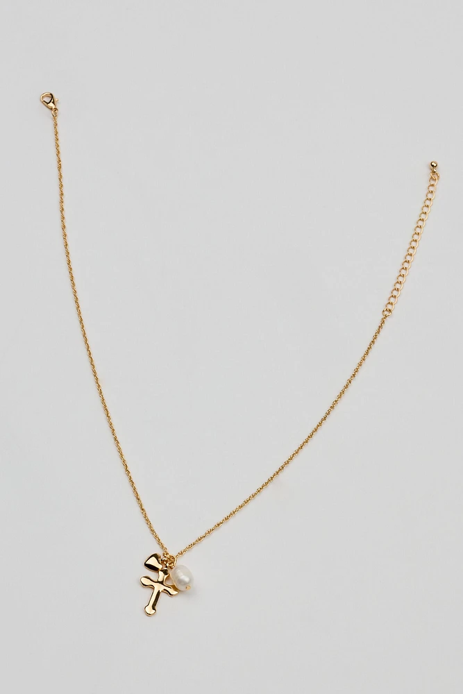 Collier à pendentif en cœur, croix et perle