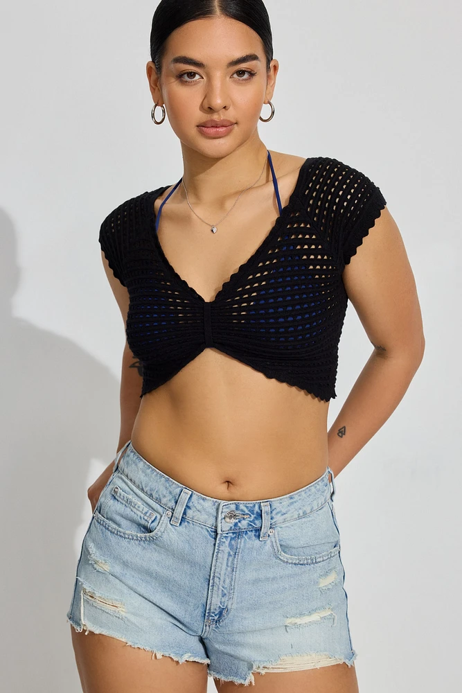 Sheer V-Neck Knit Crop Tee