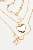 Set of 3 Bow, Pearl, and Heart Necklaces